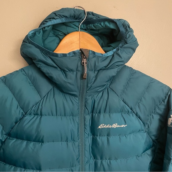 Eddie Bauer Women’s Size Large Turquoise Stormdown 800 Hooded Puffer Jacket - Picture 2 of 12